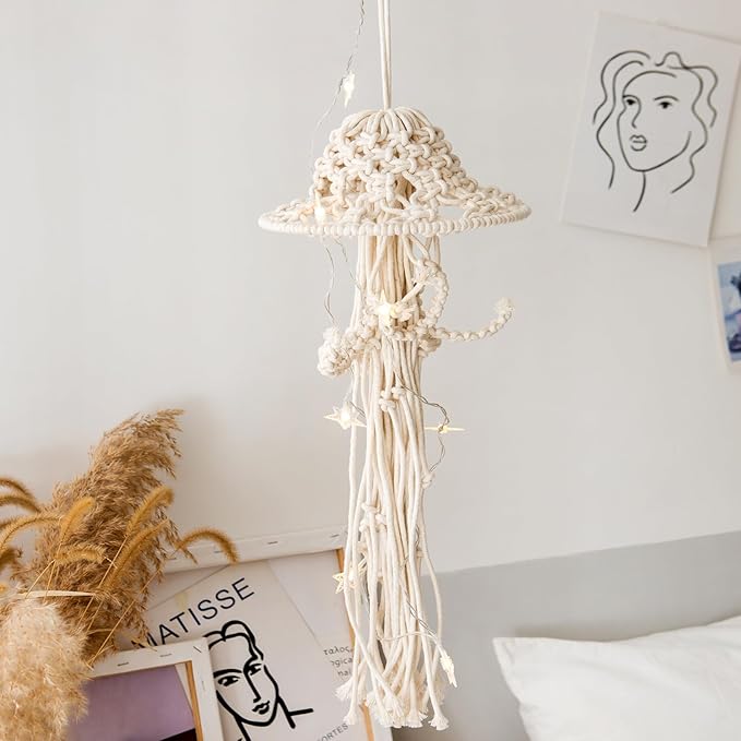 Macrame Wall Hanging,Jellyfish Dream Catcher with Star Lights,Bohemian Woven Wall Art Decor Beautiful Apartment Dorm Room Door Decoration (White)