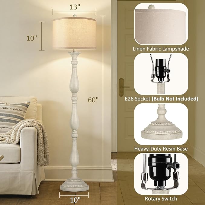 PARTPHONER Vintage Floor Lamp for Living Room, Rustic Farmhouse Standing Lamp with Rotary Switch and Linen Shade, Retro Resin Floor Lamp for Bedroom, Corner, Dining Room, House Decor, White