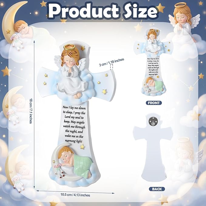 Wenqik 7.1 Inch Guardian Angel Baptism Decorative Hanging Resin Cross Sweet Dreams Baby Decorative Angels Cross Wall Decoration for Boys and Girls Keepsake Nursery Room Christening Gift