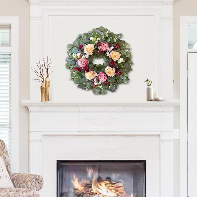 WANNA-CUL 24 Inch Spring Wreaths for Front Door,Spring Mothers Day Wreath Gifts Decorations with Pink,Champagne, Burgundy Rose and Eucalyptus Leaves for Valentines Day,Wedding or Indoor&Outdoor Decor