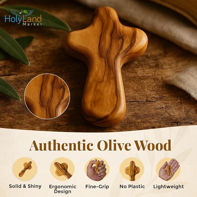 Holy Land Market Small Olive Wood Hand Crosses - 2.5 Inch Pocket Palm Crucifix | Handmade Jerusalem Crosses - Christian Gifts with Certificates & Lord Prayer Card | Meditation & Prayer Crosses (200 count)