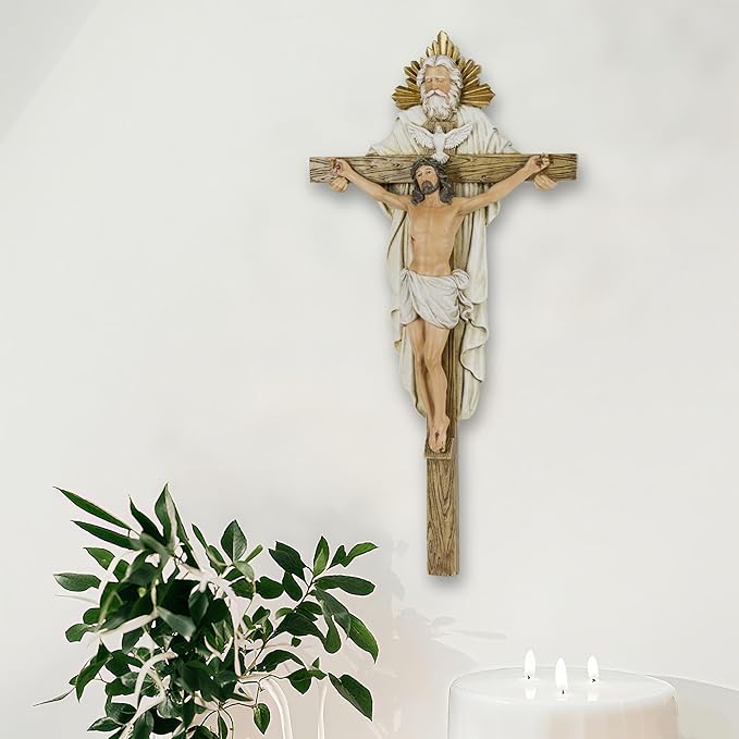 Grace4Joy Holy Trinity Wall Cross, 12.5 Inches Holy Trinity Crucifix Catholic Home Decor, Hand Painted Holy Spirit Jesus Cross for Wall Religious Housewarming Gifts