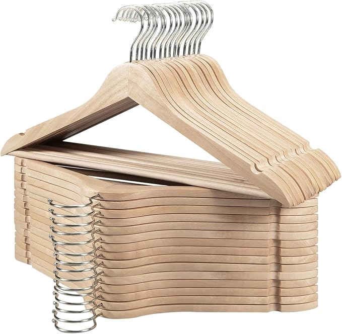 Wooden Hangers 30 Pack, Durable Wood Hangers with 360° Swivel Hook & Notches, Slim Coat Hanger Wooden for Closet, Smooth Wood Clothes Hanger with Pant Bar, Natural