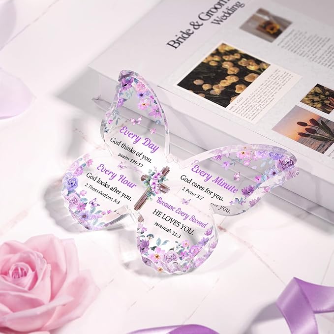 Christian Gifts for Women Faith, Butterfly Acrylic Plaque Decoration, Birthday Gifts for Women, Spiritual Present for Female Friend Family, Office Desk Decor for Woman, 5x3.8x0.5 Inch - Purple
