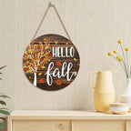 Hello Fall Wreath for Front Door Fall Tree Welcome Door Sign 12x12 Inch Autumn Maple Leaves Wood Door Hanger Farmhouse Thanksgiving Hanging Plaque for Home Porch Wall Indoor Outdoor Decorations