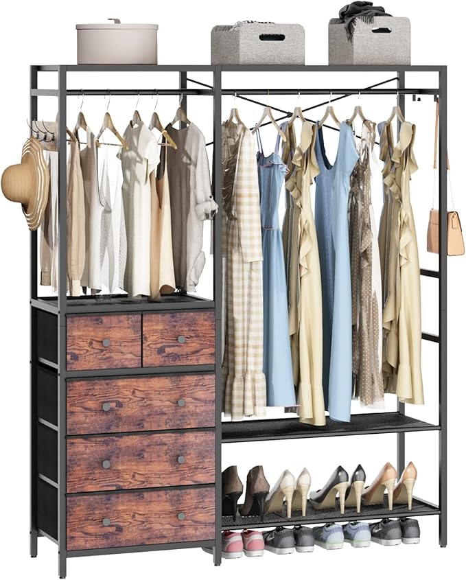 Auromie Clothes Rack with 5 Drawers & 4 Storage Shelves, 59.1W*70.9H Heavy Duty Clothing Rack with 2 Hanging Rods, Wardrobe Closet Organizer System with 5 Hooks, Freestanding Garment Rack (Rustic)