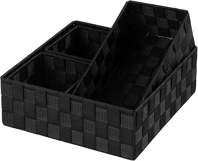 Posprica Small Black Baskets Cube Bin Container Tote,Woven Storage Baskets for Organizing Organizer Divider for Drawer, Closet, Shelf, Dresser, Set of 4