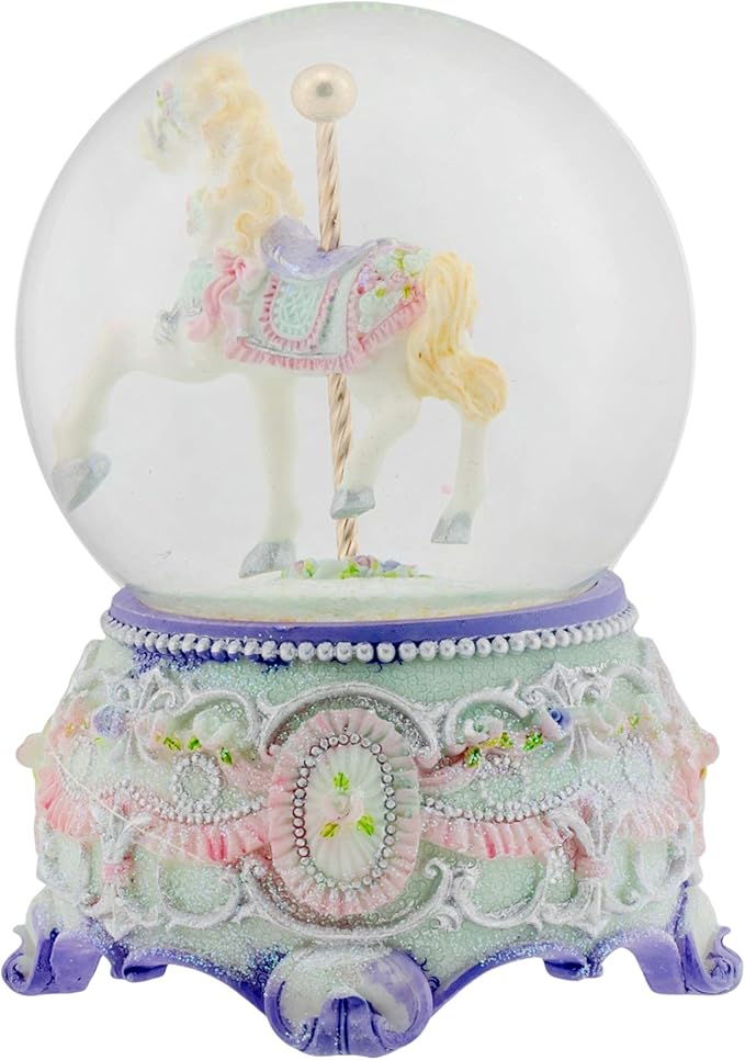 Elanze Designs Purple Floral Horse and Carousel 100MM Sturdy Wind Up Musical Glitter Water Snow Globe Tabletop Dresser Nightstand Figurine Decoration Plays Tune Carousel Waltz
