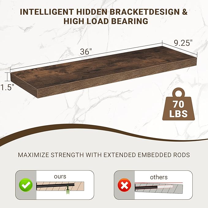 Acovy 36 Inch Floating Shelves, 36"x9.25"x1.5" Inch Deep Floating Shelves for Wall, Wooden Shelves for Bathroom, Bedroom, Living Room, Brown, 2 Pieces
