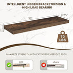 Acovy 36 Inch Floating Shelves, 36"x9.25"x1.5" Inch Deep Floating Shelves for Wall, Wooden Shelves for Bathroom, Bedroom, Living Room, Brown, 2 Pieces