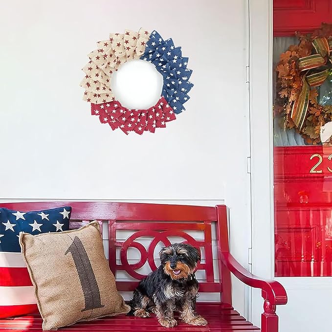 Patriotic Wreath for Front Door Red White Blue Wreath 4th of July Wreaths for Door Wall Memorial Day Decor Independence Day Hanging Decoration for Outside Home Farmhouse Holiday (Little Star)