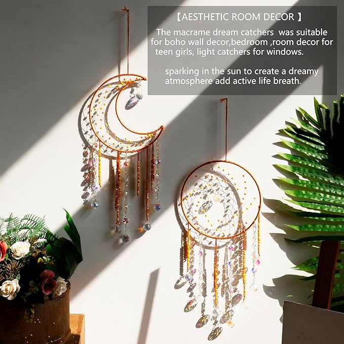 Artilady Moon Dream Catchers - Yellow Dream Catcher with Crystals Princess Room Decor for Girls Kids Adults Baby Bedroom Room Decor Christmas Birthday Teen Girl Gifts