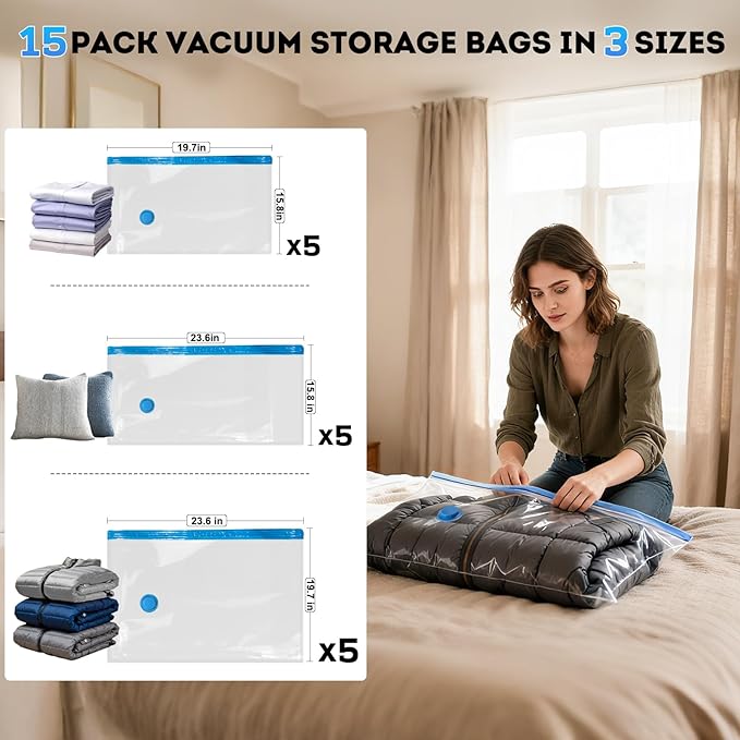 Mapambo Travel Vacuum Bags with -4000Pa Electric pump, 15 Pack Vacuum Seal Bags for Clothing Travel in 3 Combo sizes, Space Saver Vacuum Storage Bags, Saving up to 80% of Space (15 Combo Pack)