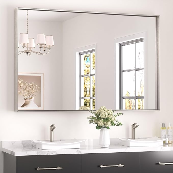 Keonjinn 55 x 36 in Brushed Nickel Bathroom Mirror for Over Sink, Rectangular Silver Metal Framed Rectangular Vanity Wall Mirror Square Corner Modern Farmhouse Rectangle Mirror(Horizontal/Vertical)