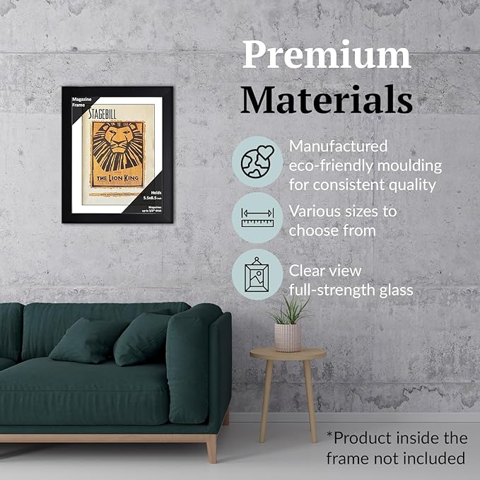 Creative Picture Frames 5.5 x 8.5 Magazine Theatre Show Frame with Full-Strength Glass, Holds Up To A 1/4" Thick Media with Installed Hangers for Easy Mounting, 8x10 Black Frame with White Mat
