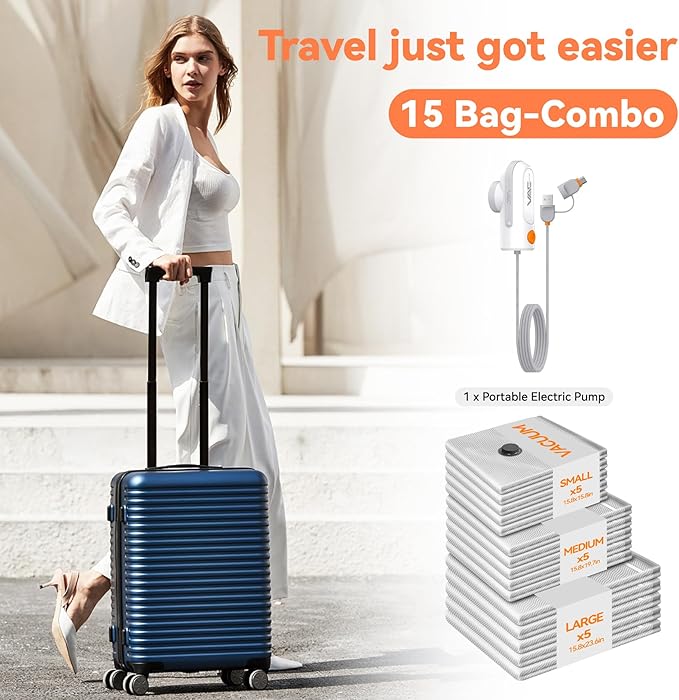 Vacuum Bags for Travel with USB and TYPE C Pump,vacuum seal travel bags,15 Pack Carry-on Size Compression Packing Bags for Luggage,Space Saver for Clothes and Clothing Travel(Grey)