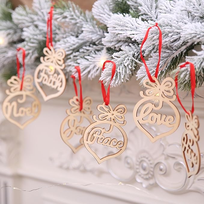 24 Pieces Hollow Ornaments Xmas Tree Wooden Hanging Tags Crafts Pendant Decor, Rustic Farmhouse Christmas Ornaments Holiday Wedding Party Decorations