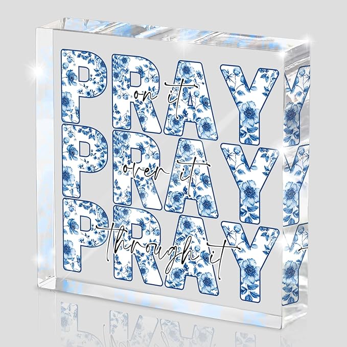 Blue and White Inspirational Decor, Blue Floral Chinoiserie Desk Decorations for Office, Ideal Christian Gifts for Women - Pray On It,Pray Over It - Bible Verse Desk Art, Dorm Room Decor for Women