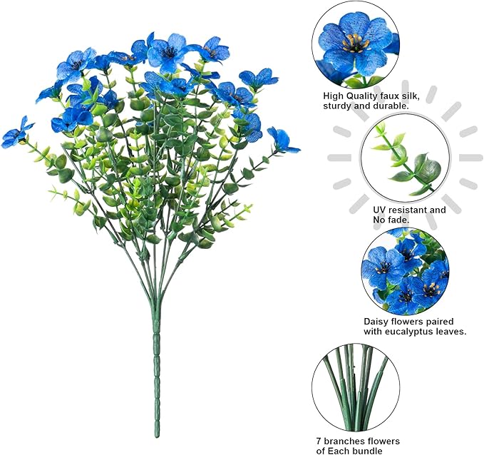 Artificial Flowers for Outdoors Daisy 12 Bundles for Home Decoration, Faux Flower Fake Plants Outside Decoration with Eucalyptus UV Resistant for Planter Porch Patio Yard Garden Blue