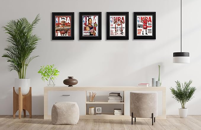Goldfinch 4 Packs Sports Magazine Frame Displays Magazines Measuring 8.5 x 11.25 or 8.25 x 11 inches with Double Black Core Matting, Deep Frame Moulding, with Installed Hangers