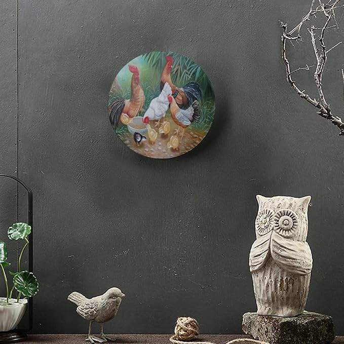 Rooster Decorative Plate Stand, 8 Inch, Rooster Hen Chicks Foraging Round Display Plate, Table Top Plate Decor with Stand, for Kitchen Living Room Office Countertop Decor