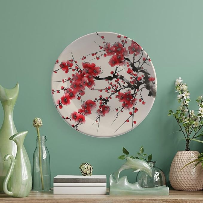 Japanese Spring Theme Decorative Ceramic Plate Round Porcelain Plate,Plum Tree Blossoms Pattern,for Decorative Ornaments Giving Plates, 1 Plate with 1 Display Stand,Red Beige,8 inch