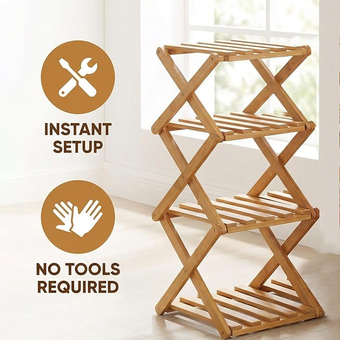 2/3/4/5/6/7/8/9 Tier Bamboo Folding Shoe Rack,2026 New Bamboo Foldable Shoe Rack,no Installation Required,Vertical Multi-Layered Organizer,Space-Saving for Entryways& Balconies (Brown, 3)
