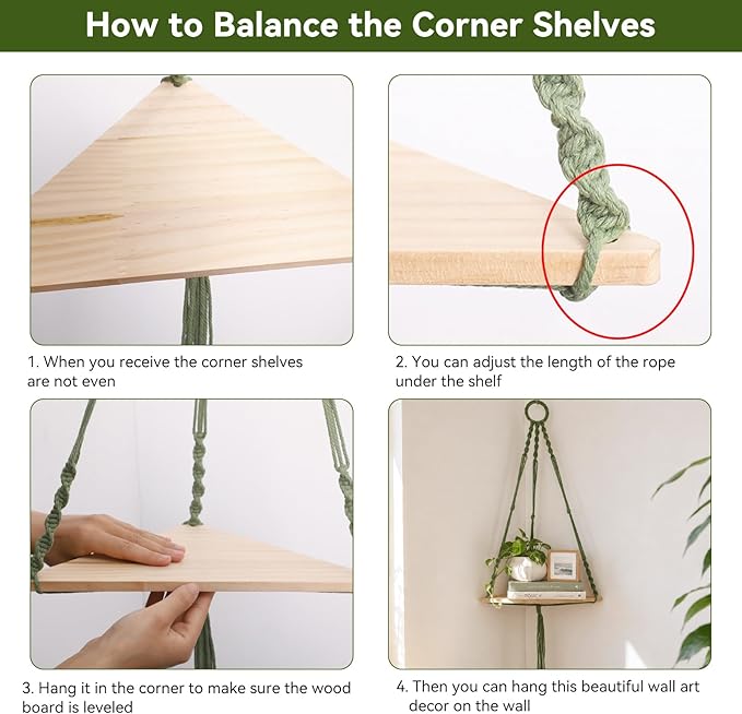 Artilady Macrame Corner Shelf Green Wall Hanging Planter Decor, Adjustable Rustic Floating Shelves Display for Indoor Plants Candle Holder, Bedroom Living Room Boho Wall Art (Sage Green)