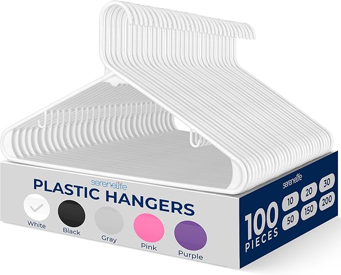 SereneLife 100 Pack Plastic Hangers, Non-Slip, Space-Saving Closet Organizers, Durable and Strong for Shirts, Sweaters, Hoodies, Kids Clothes & Dresses, Ultra-Thin, Lightweight