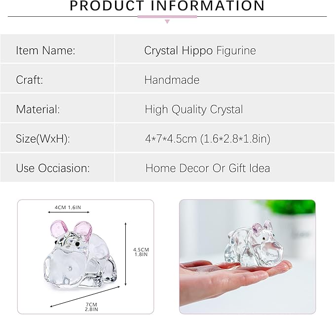 HDCRYSTALGIFTS 2.8inch Crystal Hippo Figurines Collectibles Gift for Women Art Glass Hippopotamus Statue Animal Paperweight Ornament for Table Home Decoration
