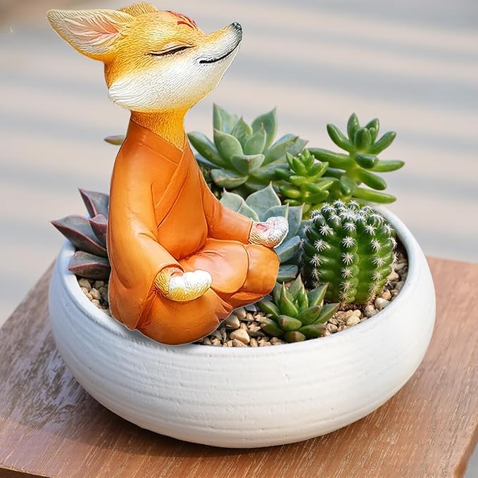 Orange Resin Meditating Fox Statue, Zen Yoga Figurine, Feng Shui Decor for Desktop Bookshelf Indoor Outdoor Plants Home Garden, Spiritual Gifts for Yoga & Meditation Lovers