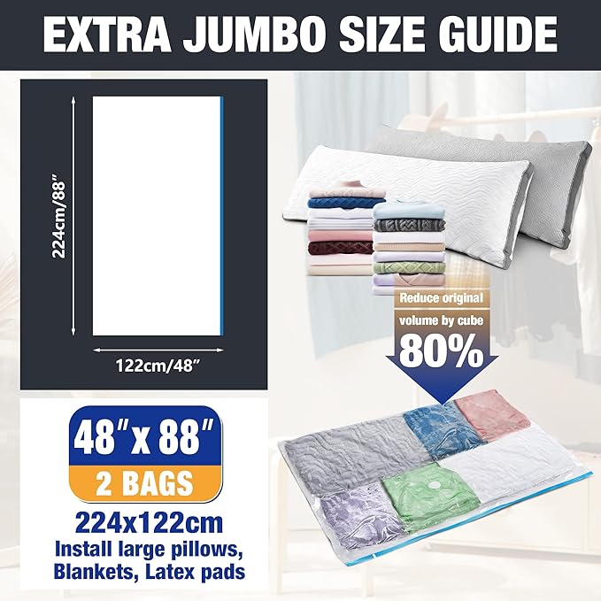 XX-Jumbo Size 48''X88'' Vacuum Storage Space Bags Extra Large for Blanket, Bedding, Comforters, Carpet, Sofa Pad Mattress, Pump Not Included (2 Pack)