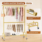 Abiglifty 2 Tier Clothes Rcks for Hanging Clothes, Heavy-Duty Clothing Rack with Wheels,150LBS Capacity, 42" W X15 D X 77" H Garment Rack with Bottom Shelf, for Bedroom, Living Room, Gold