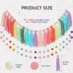 3 Pack Pastel Rainbow Tassel Garland Decorations, Boho Tassel Garland with Wood Beads Colorful Pom Pom Banner Rainbow Wall Hanging Decor for Classroom, Party, Kids Room, Nursery, Baby Shower