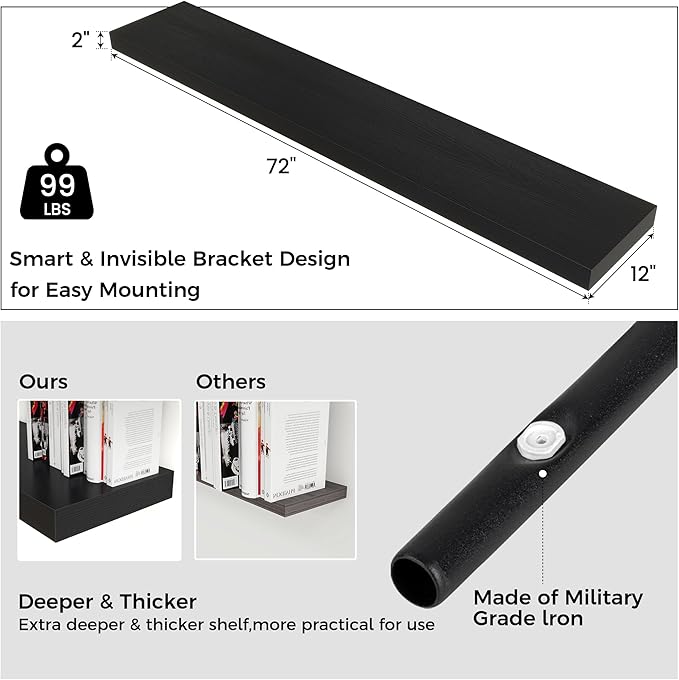 Venusmiles Floating Shelves for Wall, 72 Inch Wide x 12 Inch Deep Floating Shelves, Long Wood Floating Wall Shelf Shelves for Living Room Bathroom Bedroom Kitchen Home - (Black, 72" W x 12" D x 2" H)
