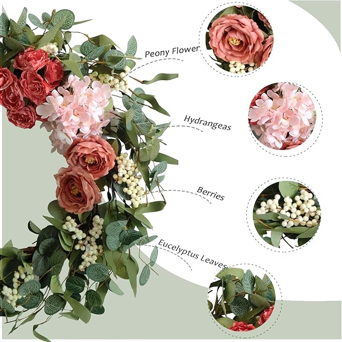 TEMPUS 20 inches Artificial Pink Peony Wreath for Front Door Wreath with Hydrangea Green Leaves Valentines Mother's Day Decor Wall Wedding Party Home Decor (Pink)