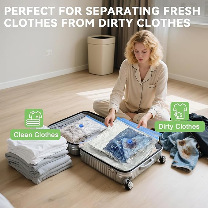 9 Pack Vacuum Seal Bags for Clothing Travel with -60000Pa USB Pump, Save 80% of Space for Clothes (9 Combo)