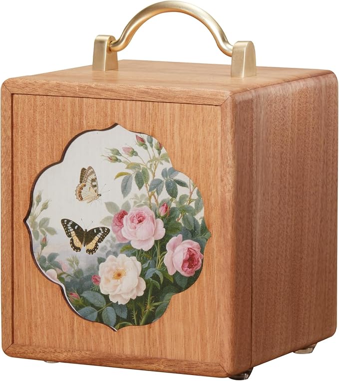 Wooden Jewelry Box for Women 4 Tier Walnut Wooden Jewelry Box with handle (Flower and butterfly prints A)