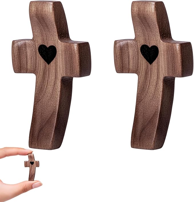 2-Pack Wooden Cross Fidget, Handmade Pocket Wood Crosses, Cross My Heart | Encouragement Gift, Relieve Anxiety for Yourself, Inspirational Easter Gift for Christian Faith, Prayer, Father Day Gifts