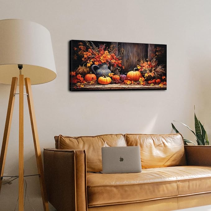 Orange Pumpkin Canvas Wall Art Kitchen Wall Decor Farmhouse Dining Room Pictures Halloween Painting Autumn Flowers Canvas Prints Rustic Fall Harvest Theme Posters Artwork Home Decorations 20x40"