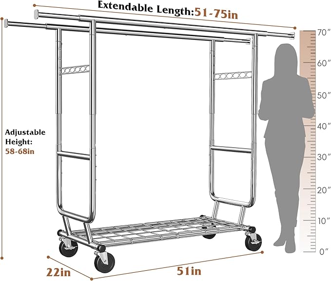 Raybee Clothes Rack Load 630LBS, Heavy Duty Clothes Rack, Rolling Clothing Racks for Hanging Clothes with Wheels, Adjustable & Commercial Garment Rack, 22" D x 75" W x 68" H