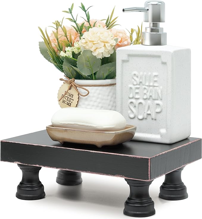 EOSAHR Modern Pedestal Stand for Kitchen Decor : Decorative Wood Riser for Display and Farmhouse Soap Dispenser Tray and Sponge Holder - Retro Countertop Organizer for Counter and Sink (Black)