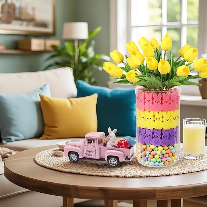 Pink Easter Decorations - Mini Farmhouse Vintage Metal Truck with Easter Eggs & Bunny, Pink Spring Farm-Style Pickup Decor for Table Tiered Tray Home Kitchen Office Keepsake Gifts