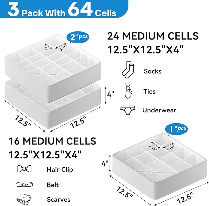 Classical Leather Sock Underwear Drawer Organizer clothes, Closet Dividers，64 Cell (16+24+24) Foldable Leather Storage Box for Panties, Ties, Accessories（3 Pack）