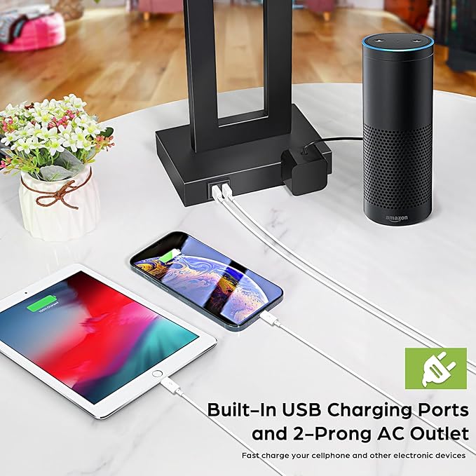 Set of 2 Touch Control Table Lamps with 2 USB Ports&AC Outlet, 3-Way Dimmable Modern Nightstand Lamp Sets, Bedside Desk Lamps for Bedroom Living Room End Tables Reading, Bulbs Included, Blue Shade