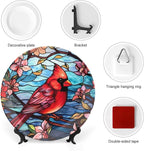 Decorative Plates, Cardinal Bird Colorful Stained Glass Painting Display Plate for Home Office Kitchen Table Decor Porcelain Plates 7 Inch, Gifts for Loss of Loved