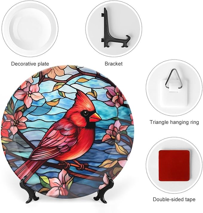 Decorative Plates for Wall Hanging, Cardinal Bird Colorful Stained Glass Painting Ceramic Plate w/Display Stand, Home Decor for Kitchen Cabinets, Round Tray 10 Inch, Gift for Loss of Loved