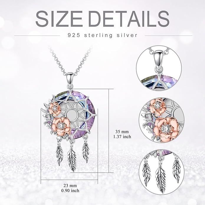 Dream Catcher Crystal Pendant Flower Urn Necklace Jewelry 925 Sterling Silver Keepsake Cremation Necklaces for Human Pet Ashes for Women