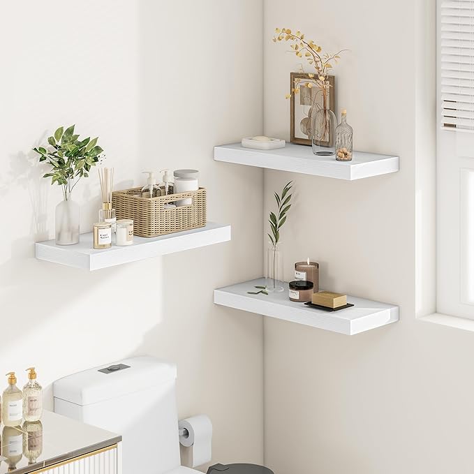 Vivelove 24/36/48/16 Inch Floating Shelves for Wall, 12 Deep Shelves for Room Wall Mounted, 2" Thick Floating Shelf for Living Room Bedroom Bathroom Kitchen Laundry Room, Set of 2 White