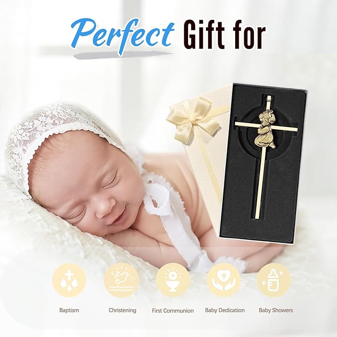 Baby Wall Cross Baptism Gifts for Girl 7-inch Olive Gold Praying Catholic Baby Girl Baptism Crosses for Christening, First Holy Communion & Baby Dedication Gifts, Baptismal Cross Newborn Nursery Decor